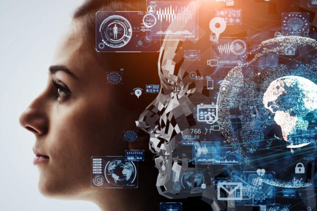 AI (Artificial Intelligence) concept. Deep learning. Machine learning. Singularity.