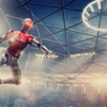 Cyborg Basketball Player About To Slam Dunk During Futuristic Game