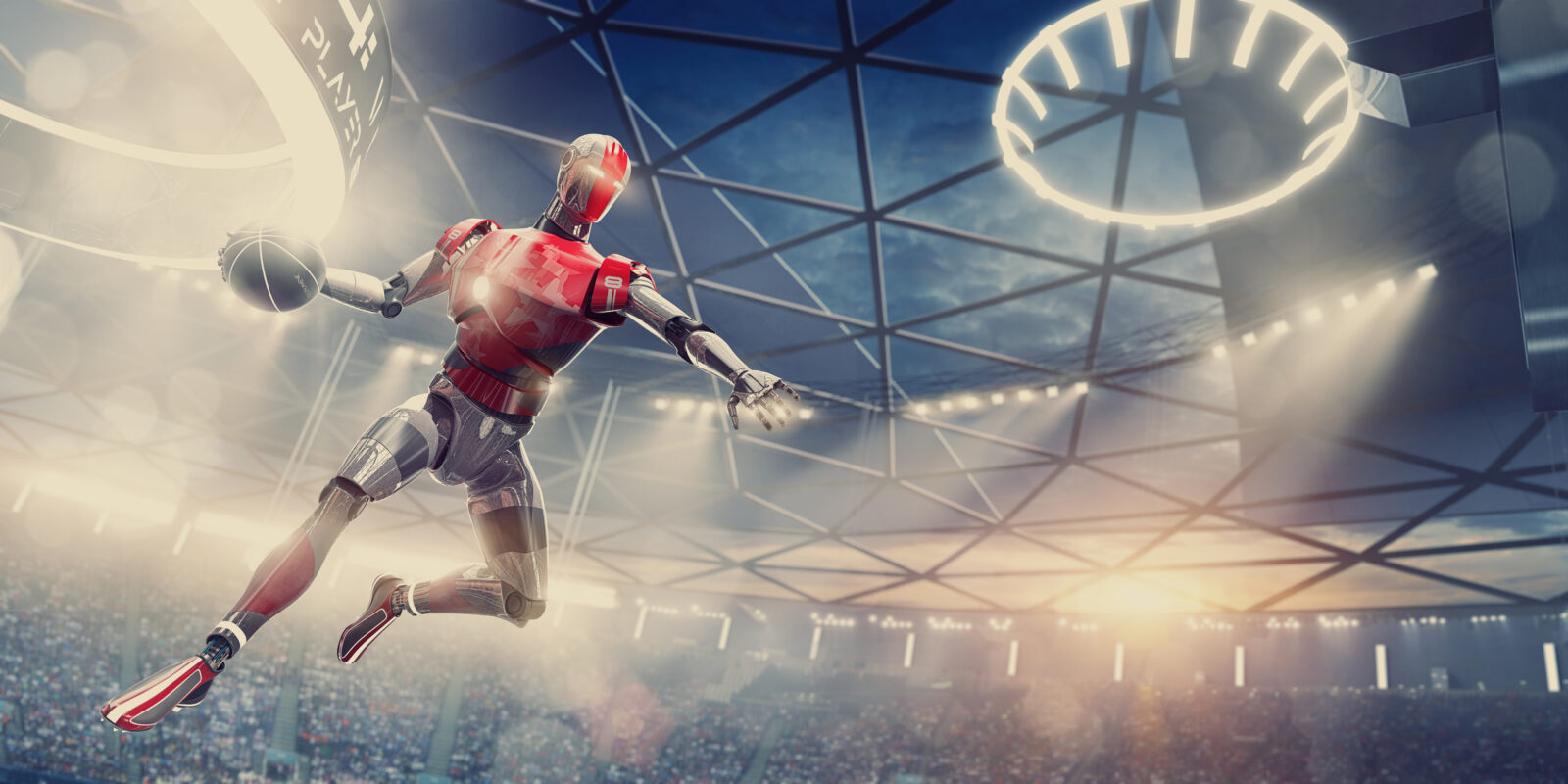 Cyborg Basketball Player About To Slam Dunk During Futuristic Game